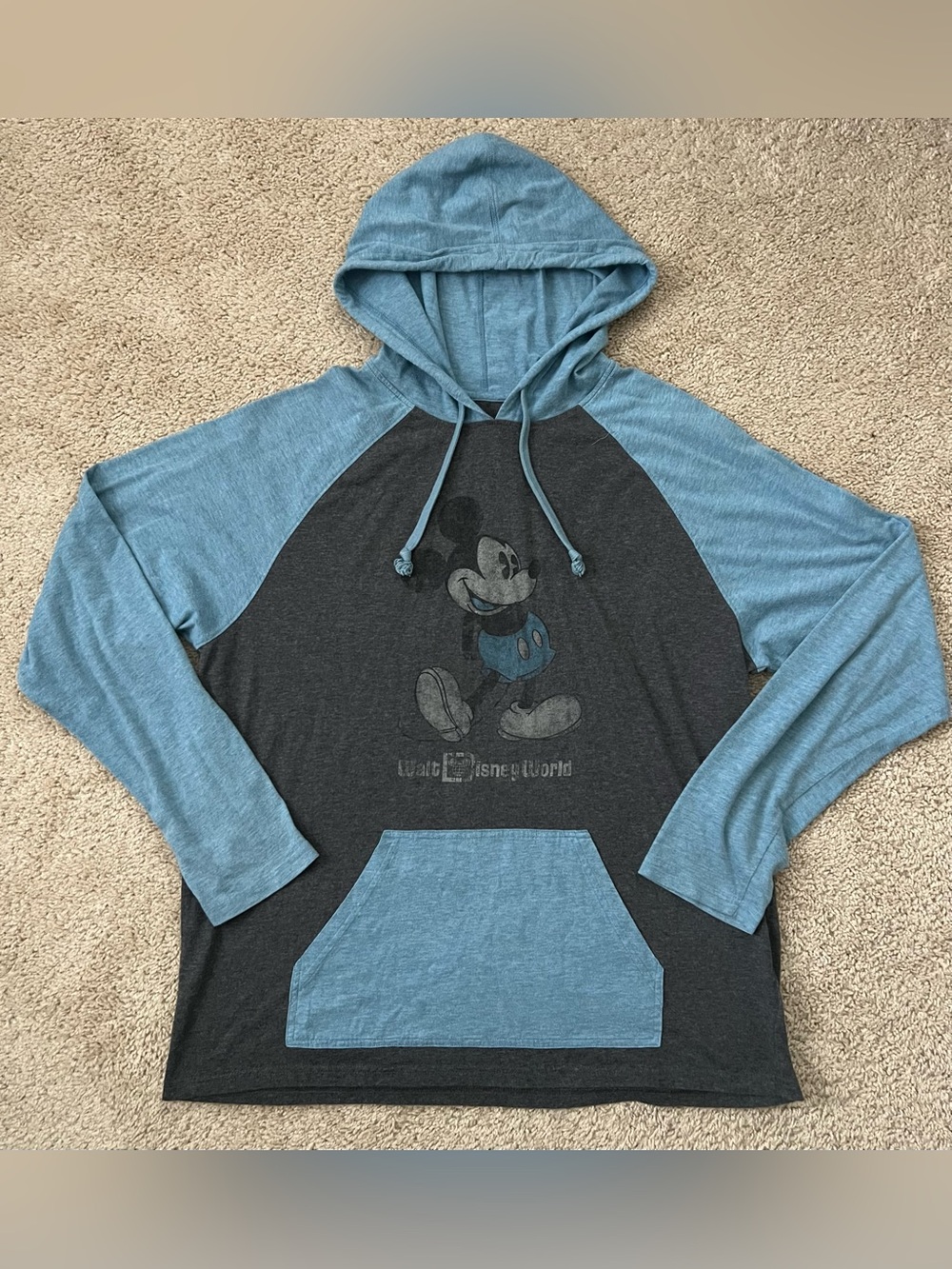 Disney Parks Mickey Mouse Hoodie Large Blue Grey Raglan Graphic Tee